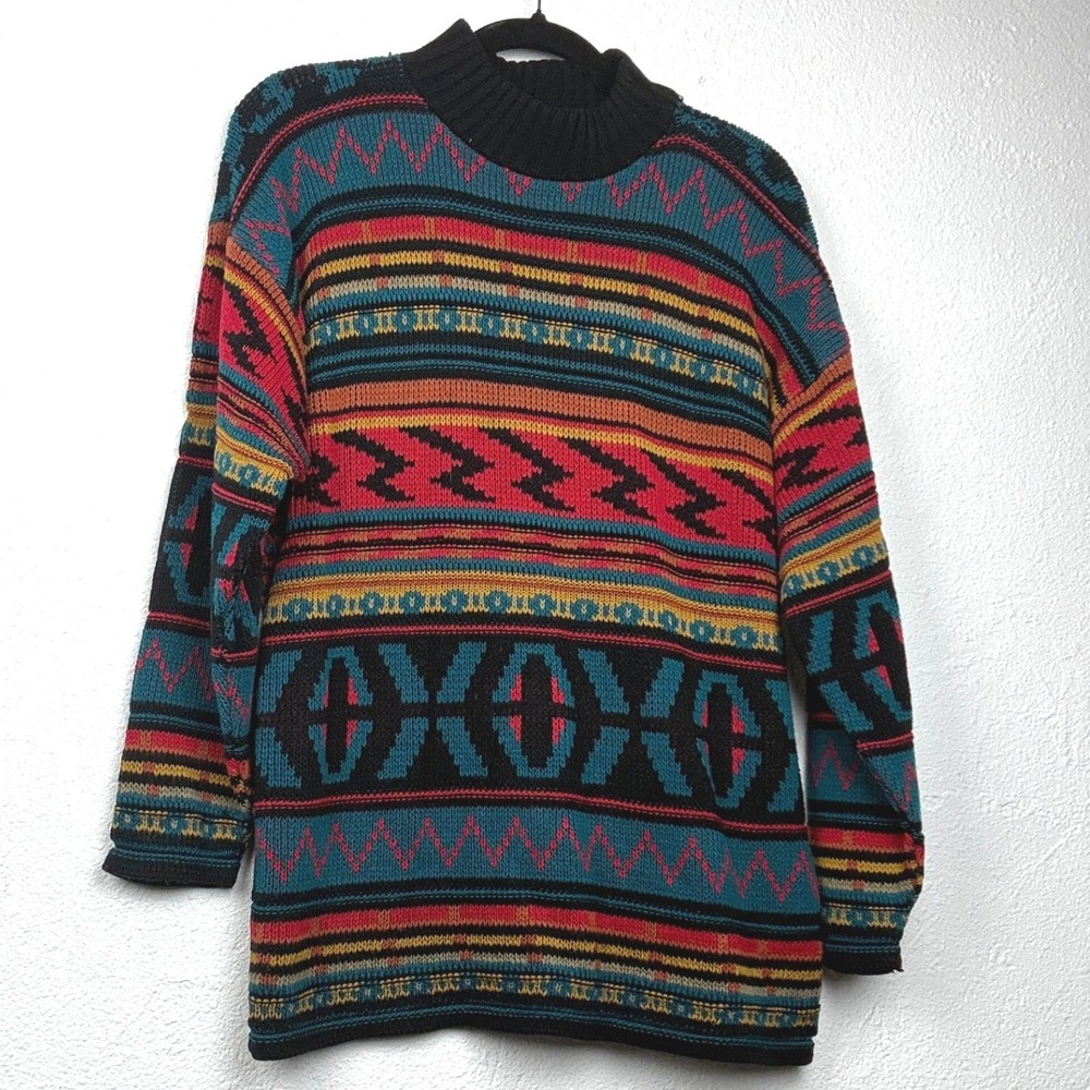 Croquet Club Multicolor Sweater - L - Vintage 90s Southwestern Mock Neck Boho